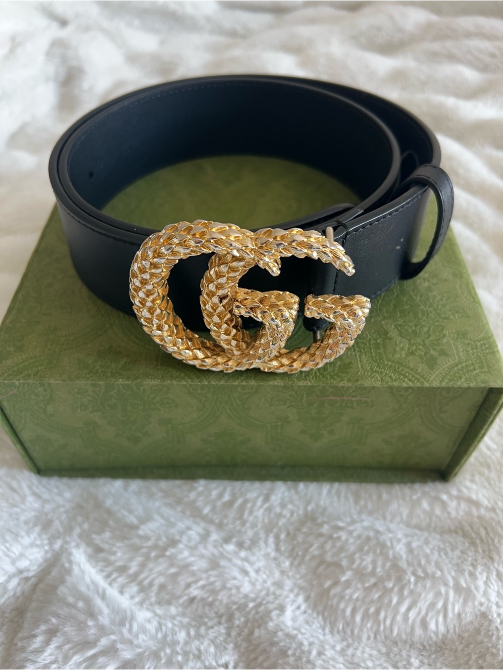 Gucci Black Leather GG Marmont Torchon Belt w/ Gold Snake Double G Buckle
